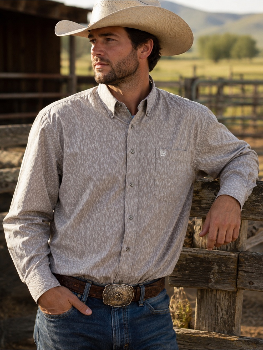 Cinch Men's XL Western Shirt Gray White Geometric Cotton Ranch Cowboy Casual